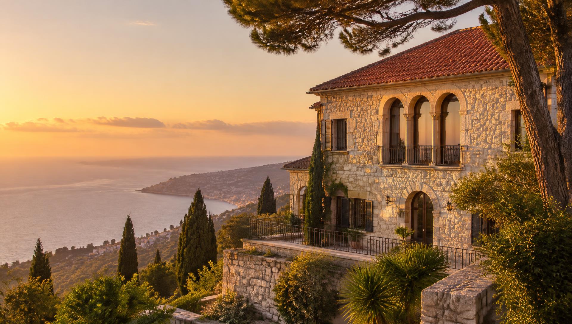 Stone villa overlooking the Lebanese coast at sunset